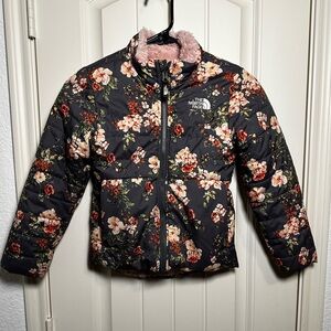 Girls North Face Reversible Floral Jacket -Gray Puffer side with Pink Fuzzy side